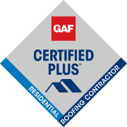 GAF Certified Plus Residential Roofing Contractor logo, indicating certification for roofing services.