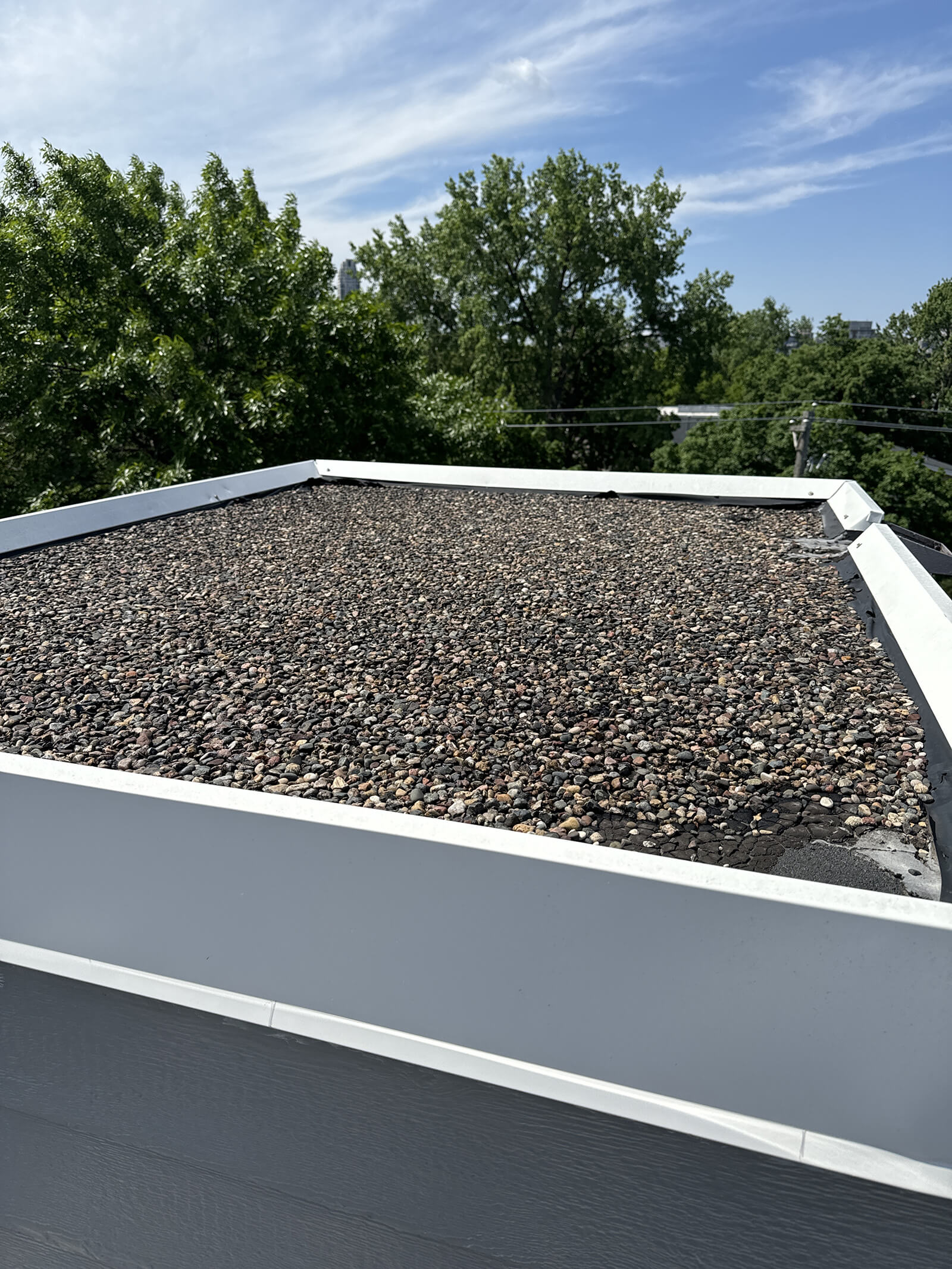 A flat roof covered with gravel, showing the protective edges of the roof and surrounded by trees in the background.