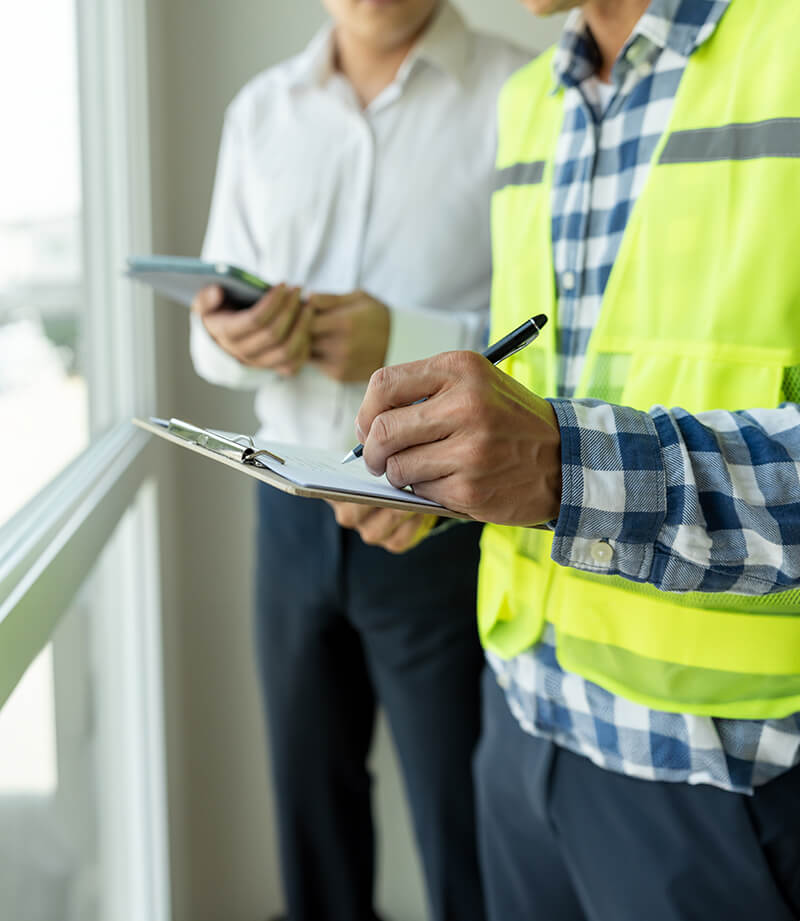 Contractor in a safety vest taking notes while discussing maintenance needs with an HOA representative.