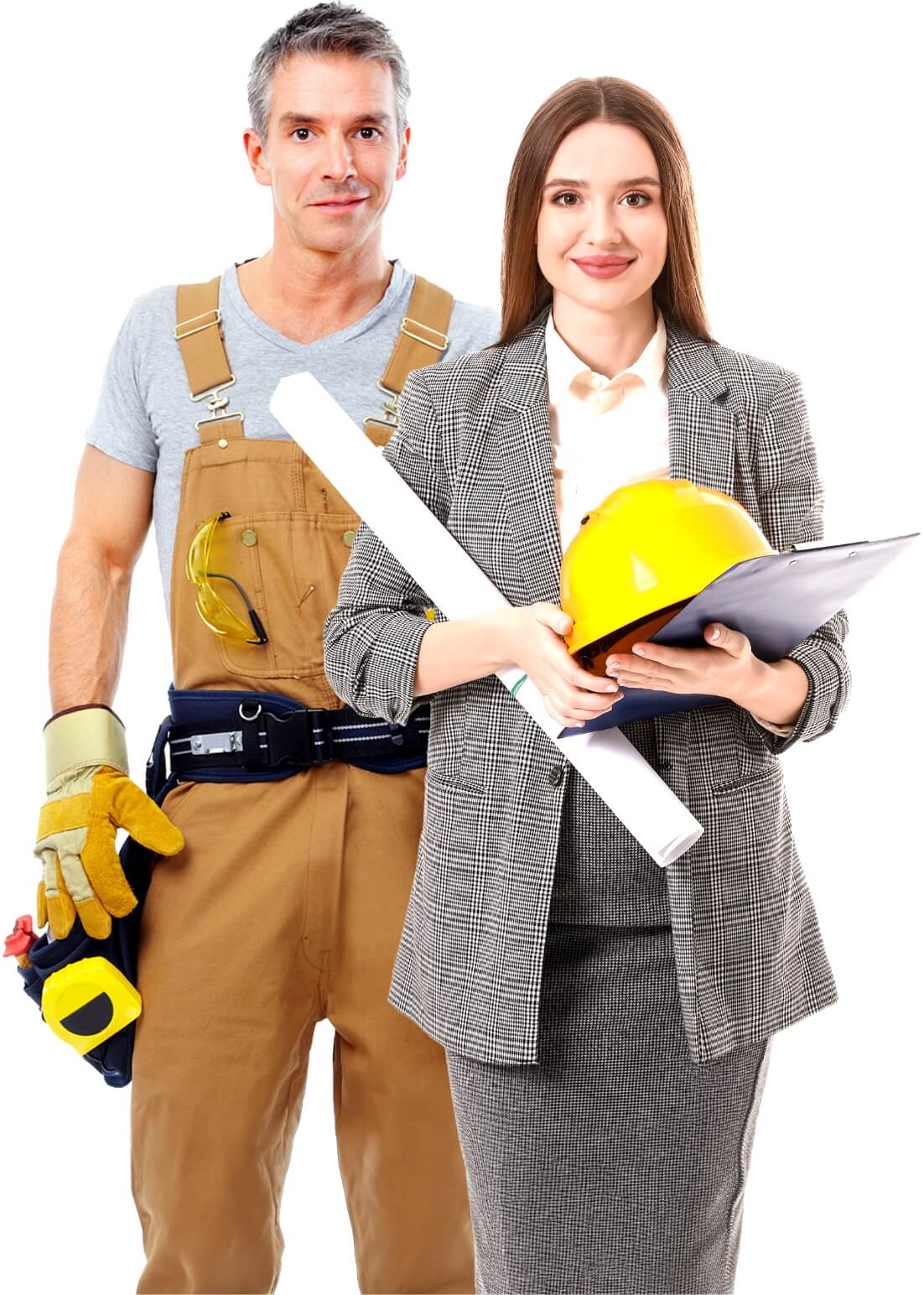 Construction worker and businesswoman standing together holding construction tools and plans.